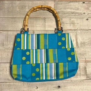MERCER AND MADISON HANDBAG BEACH,SUMMER BAMBOO HANDLES BLUE GREEN SATCHEL‎